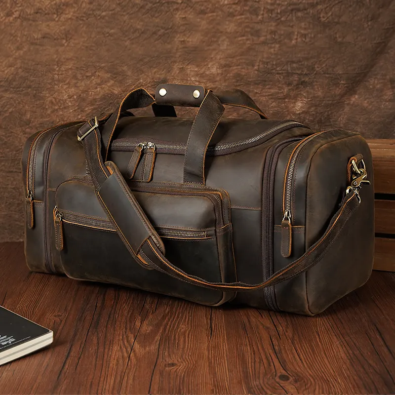 Vintage Hot Sale High Capacity Expandable Leather Duffel Weekender Travel Bag For Men With Full Grain Cowhide Leather