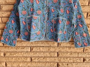 High Custom Hand Block Printed Blue Floral Quilted Cotton Coat Lightweight Quilted Ethnic with Button Front for Women Stylish - Product Image 3