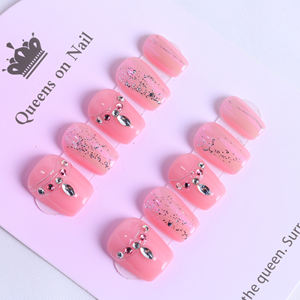 Faux ongles à presser de luxe en acrylique, courts, forme cercueil, couvrance totale, rose, faits main, avec strass et French manucure, prix usine en gros - Product Image 2