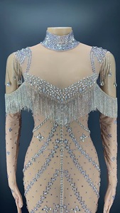 Novance Y2276 Fancy Fringe Người Nổi Tiếng 2022 Maxi Dress Cao Cổ Nhìn Xuyên Qua Rhinestone Prom Dress Ngọc Trai Trắng - Product Image 5