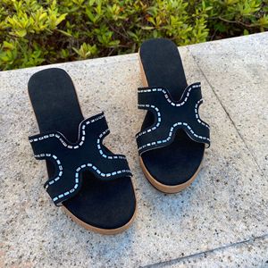 Sandalias de cuña con forma de H y adornos de diamantes de imitación, plataforma de gamuza artesanal, cómodas, multicolor, para mujer, de verano, para exteriores, sin cordones. - Product Image 2