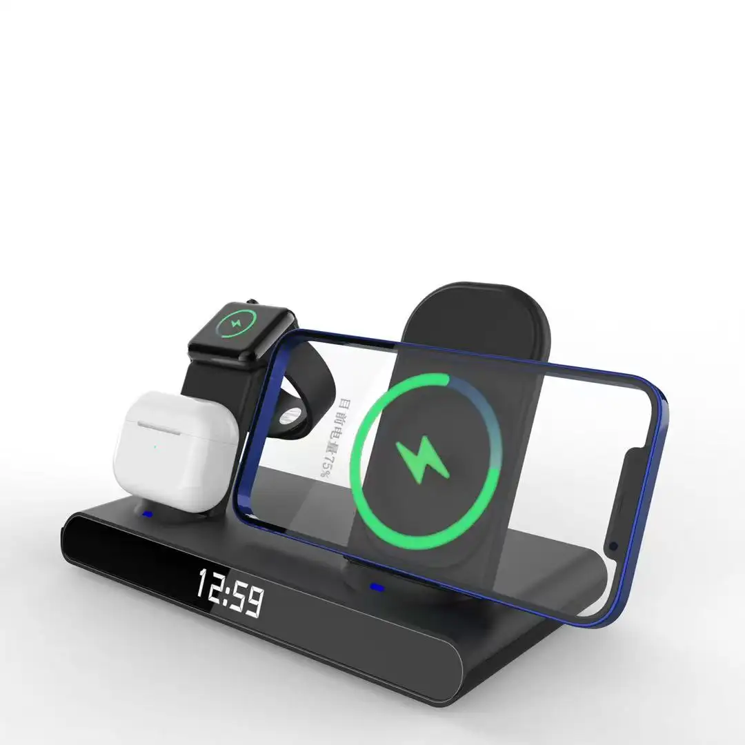 New Arrival 5 in 1 Wireless Charger Stand for iphone Charger Dock Station Charger for Airpods Apple Watch Series with clock