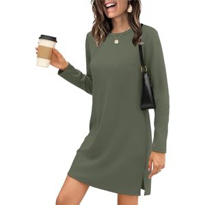 Vestido Casual de Manga Larga para Mujer FOXA, Verde, Talla M, Cuello Redondo, Corte Holgado, Transpirable, para Uso Diario - Product Image 1
