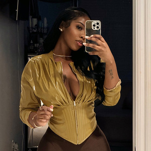 Nuova Giacca <span class=keywords><strong>Vintage</strong></span> da <span class=keywords><strong>Donna</strong></span> con Cerniera, Maniche Lunghe, Collo Tondo, Tinta Unita e Dettagli Plissettati - Product Image 5