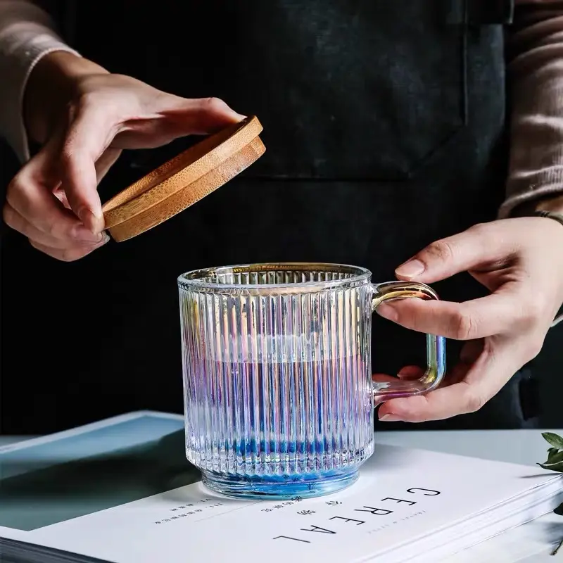 New Arrive Chic Heat Resistant Clear Vertical Stripes Lead Free Glass Coffee Water Mug With Bamboo Lid Striped glass cup