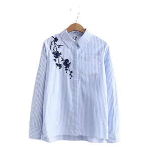 <span class=keywords><strong>Chemise</strong></span> rayée élégante de haute qualité à manches longues avec broderie et poche plaquée pour <span class=keywords><strong>femme</strong></span> - Product Image 1