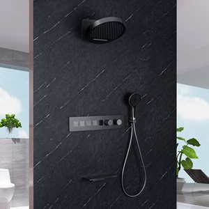 Robinet de <span class=keywords><strong>douche</strong></span> mural thermostatique dissimulé style minimaliste en or brossé, avec fonction cascade et garantie de 3 ans - Product Image 2