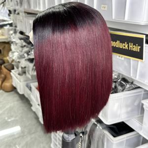 Cabello Brasileño Virgen Super Double Drawn Ombre T1B/99J Sin Pegamento, Pelucas de Cabello Humano con Frente de Encaje 4x4, Pelucas Cortas Tipo Bob - Product Image 2