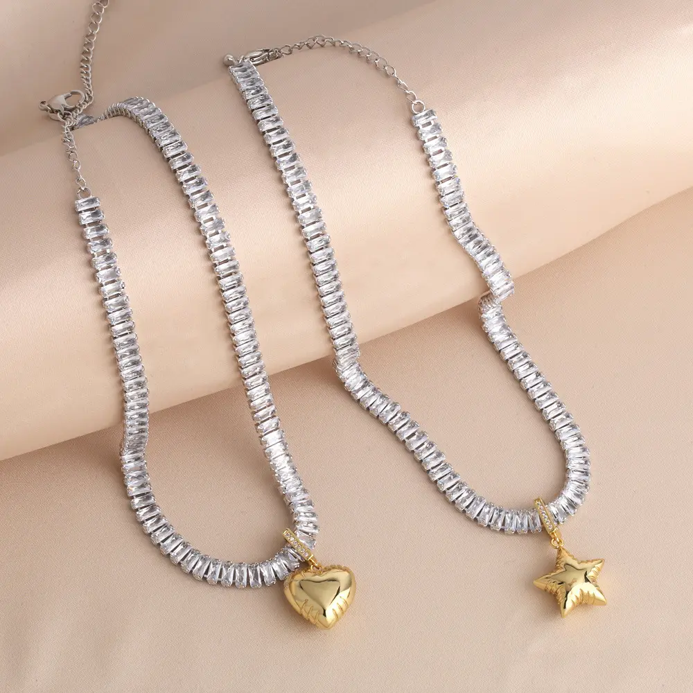 18k Gold Silver Plated Cz Baguette Tennis Chain Necklace With Shiny Bulgy Heart Star Charm Pendant
