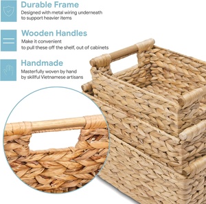 Cestas hechas a mano HUAYI con asas de madera, cestas rectangulares para uso doméstico, cestas de mimbre tejidas a mano para almacenamiento de jacinto de agua - Product Image 5