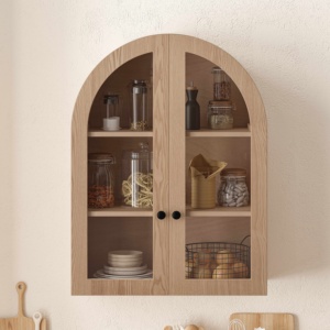 Kabinet Dinding Lengkung, Kabinet Penyimpanan Dinding Berlapis Kayu dengan Rak yang Dapat Disesuaikan, Kabinet Dinding Mengambang Dekoratif - Product Image 1