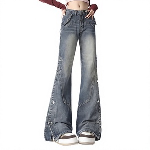 Pantalones Vaqueros Anchos de Cintura Alta para Mujer, Estilo Bootcut, Lavados, con Detalle de Botones, Logotipo Personalizado, Diseño de Moda, Venta al Por Mayor - Product Image 4