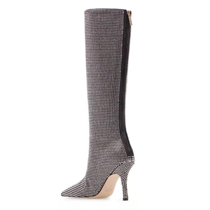 Bottes hautes pour femmes à talon aiguille, confortables, noires, avec fermeture éclair, design personnalisé, entièrement ornées de strass en cristal - Product Image 2
