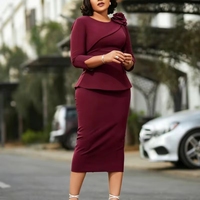 Robes d'automne tendance pour femmes, décontractées et élégantes, col rond, manches 3/4, robe de bureau ou d'église pour femmes avec fleurs 3D