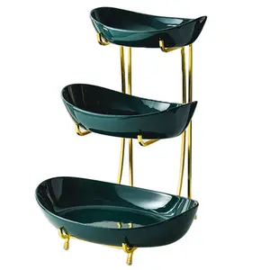 3 layers golden rim green ceramic candy dish living room home snack fruit plates holder trays with storage racks