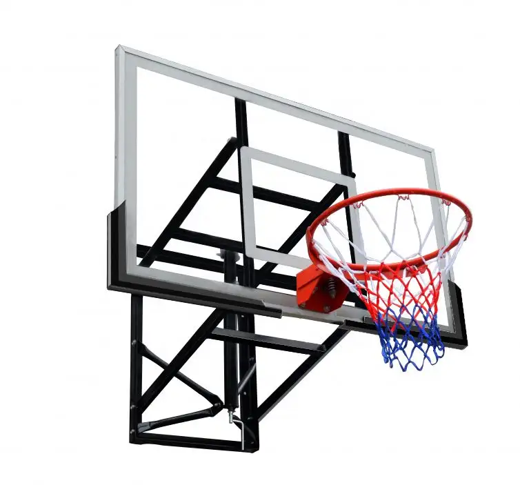 Portería de baloncesto montada en la pared para exteriores, aro de baloncesto ajustable de vidrio templado