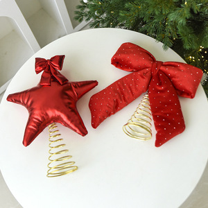 LINGKAI Red Gold Fabric <b>Star</b> <b>Top</b> Ornament Christmas Tree Topper <b>Star</b> With Bow Spring Base for Xmas Tree Holiday Decor - Product Image 2