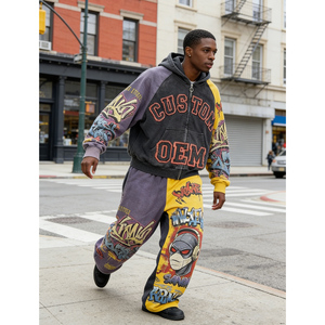 Applique Embroidery OEM Custom Pattern Printing Streetwear Color Blocking 2-piece Heavyweight 400 GSM Zipper-up Men's Hoodie Set - Product Image 3