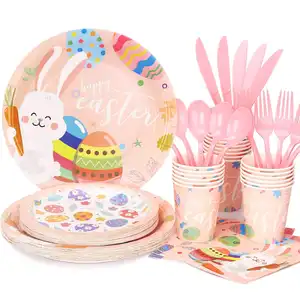 24 pezzi Set di forniture per feste a tema pasqua cartone animato coniglio usa e getta piatti da tavola in carta tovaglioli tazze per decorazioni per feste