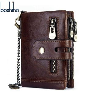 Hot Sale Cowhide Mini Genuine Leather <b>Wallets</b> <b>RFID</b> <b>Blocking</b> Luxury Gents Custom Zipper Mens Slim <b>Wallet</b> With Chain - Product Image 1