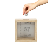 Expédition rapide Tirelire en verre transparent carré de couleur unie avec cadre en bois profond pour économiser de l'argent