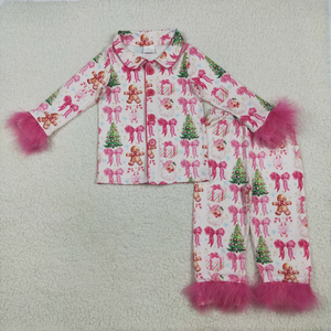 Wholesale Kids Girls Christmas Pajamas Sets Long Sleeve Button-up Tops Pants Sleepwear with <b>Fur</b> <b>Trim</b> Soft Pajamas Outfits - Product Image 5