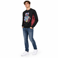 Sweat-shirt col rond personnalisé, patchwork à carreaux rouge et noir, broderie ours en peluche, style streetwear oversize, vente en gros