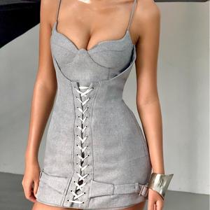 Custom Women's Bodycon Tube Short <strong>Dress</strong> Eyelet <strong>String</strong> Button Decoration Sexy Mini <strong>Dresses</strong> - Product Image 2