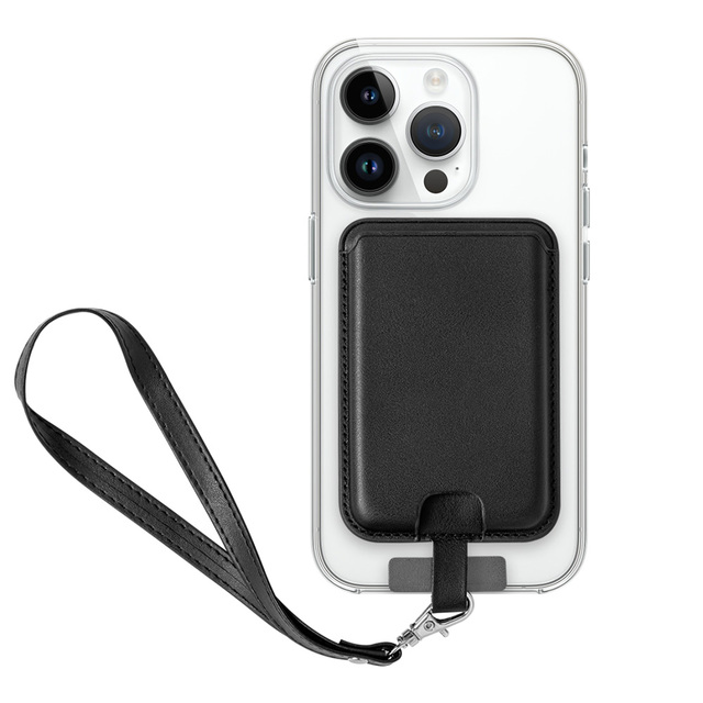 Custom logo Convenient Magnetic Cell Phone Card Holder Pu Leather Safe Mobile Phone Wallet with Wrist Strap