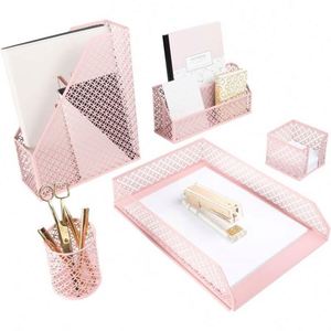 School Office Supply Stationery Powder Coated Metal Wire Mesh 5 Pcs <b>File</b> Tray Storage <b>Organizer</b> Desk Set - Product Image 1