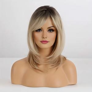 Perruque en soie domestique à <span class=keywords><strong>cheveux</strong></span> raides <span class=keywords><strong>mi</strong></span>-longs, <span class=keywords><strong>frange</strong></span> en huit, dorée, vente chaude transfrontalière européenne et américaine - Product Image 3