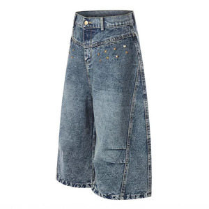 Shorts en jean pour homme 2026 personnalisés, coupe large, style vintage délavé, respirants, amples, style streetwear, avec strass - Product Image 4