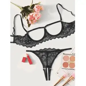 Sexy Floral Lace Lingerie Set Hollow Bra Open Crotch Panties