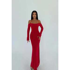 Vestido de Gala Rojo con Lentejuelas y Cintura Imperio para Mujer, de Manga Larga y Largo hasta el Suelo, Ideal para Bodas, Banquetes y Fiestas - Product Image 3