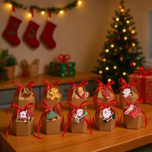 Multicolour Cartoon Santa Claus Snowman <b>Pattern</b> Christmas Gift Boxes <b>Paper</b> Ribbon Cards Treat Party Favors 24pcs - Product Image 2