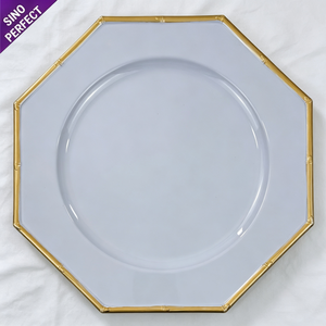 <span class=keywords><strong>Assiette</strong></span> de présentation <span class=keywords><strong>octogonale</strong></span> <span class=keywords><strong>blanche</strong></span> tendance avec bordure en bambou doré, en plastique géométrique, pour mariage, banquet, restaurant, fête, décoration de table - Product Image 1
