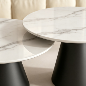 Ensemble de tables basses gigognes modernes à base ronde noire, plateau à motif marbre, style minimaliste, luxe léger, pour salon et hôtel - Product Image 2