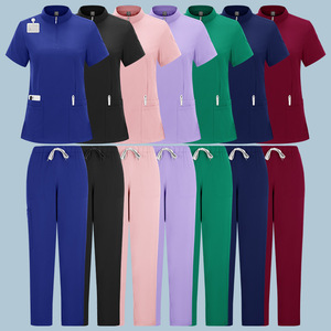 Women Scrubs Set Solid Color Zipper Top With Pockets Drawstring Pants Moisture Wicking Hospital Uniforms Split Set - Product Image 1