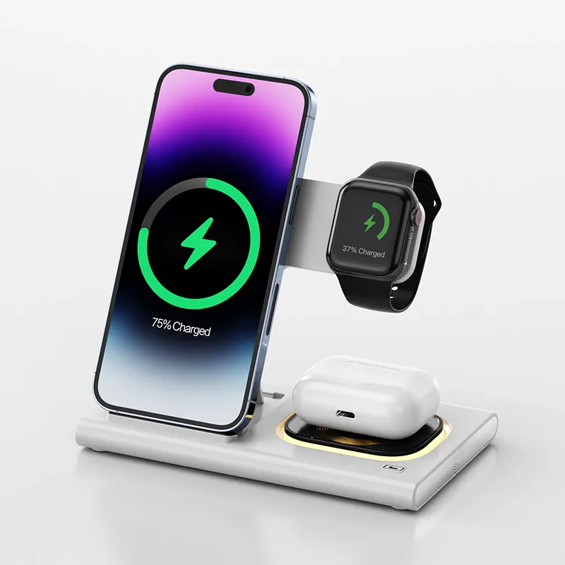 راديو 4 في 1 Usb نوع C 3 في 1 15W Qi حامل سطح المكتب محطة الشحن حامل شاحن لاسلكي لساعة Iphone أبل Airpods