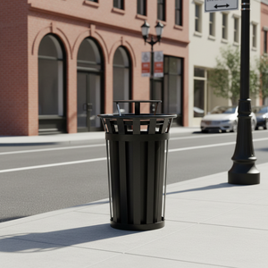 Contenedor de Basura Moderno de Acero con Rayas, Resistente al Agua, de 24/36 Galones, con Tapa para Lluvia, para Parques, Comunidades y Escuelas - Product Image 1