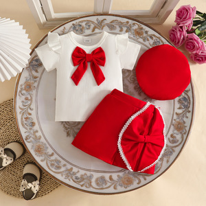Ensemble haut et pantalon d'été écoresponsable pour bébé <span class=keywords><strong>fille</strong></span> de 0 à 3 <span class=keywords><strong>ans</strong></span>, style décontracté et mignon avec grand nœud, manches courtes - Product Image 1