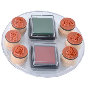 6pcs Wholesale Lowers Mini Small Round Wooden Stamp With 2 Ink Pads