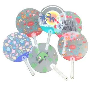 Custom Printing One Side Frosted Long Handle Hand Fan Promotional Advertising Round Handheld Fans Plastic Animal Charming 5pcs