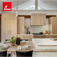 Armoires de cuisine Allandcabinet au design moderne avec portes en bois grainé du Brésil, en mélamine, avec îlot de cuisine ouvert et cuisinière à gaz