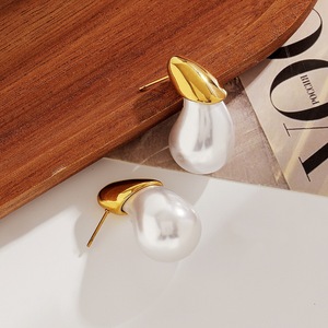 Boucles d'oreilles en forme de goutte d'eau, imitation perle, plaqué or, acier inoxydable, bijoux tendance - Product Image 4