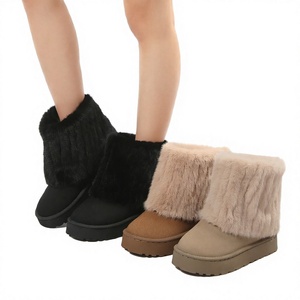 Bottes d'hiver chaudes pour femmes, mi-mollet, avec tige en tissu, doublure en peluche, semelle extérieure en caoutchouc, bout ouvert, en cuir - Product Image 3