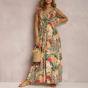 Women Casual Print Floral Sleeveless Vintage Boho Maxi Dress For Women