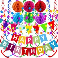 Guirlande de drapeaux en papier colorés, bannière Joyeux Anniversaire, guirlande de confettis pour la décoration de fête, comprend des serpentins en forme de boule en nid d'abeille