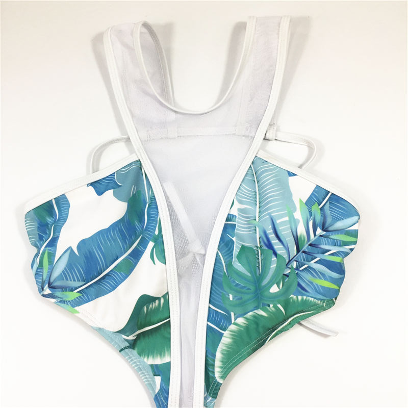 Summer fashion style leaves printed Ladies sexy swimsuit one-piece halter swimwear