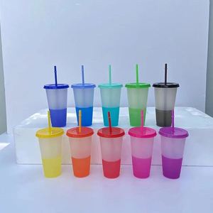10 Pack 24oz <b>Reusable</b> Cold Iced Coffee Drink Water Tumblers Color Changing Plastic <b>Cups</b> with Lids and Straws - Product Image 1